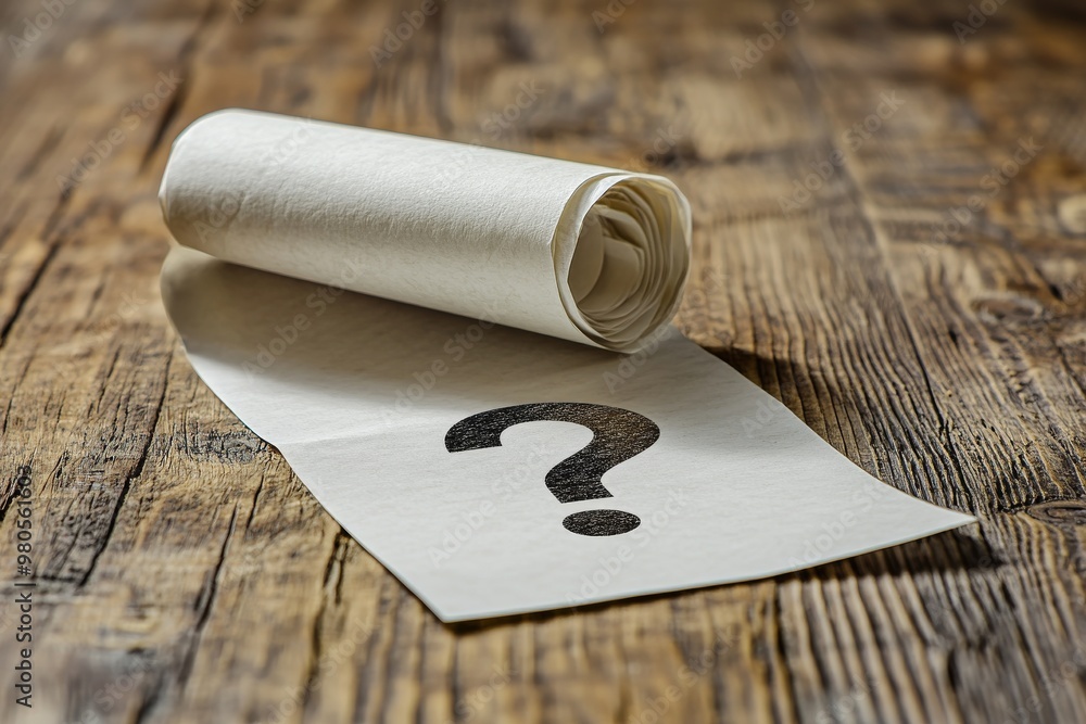 Aufkleber rolled paper with a faded question mark placed on a rustic wooden table symbolizing ancient writing 