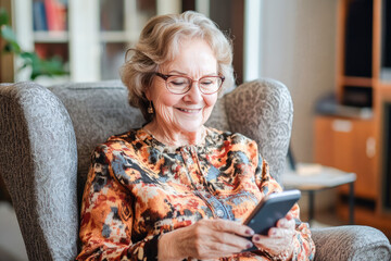 Elderly lady embraces modern technology, focusing on mobile device while relaxing in comfortable living room, defying age stereotypes