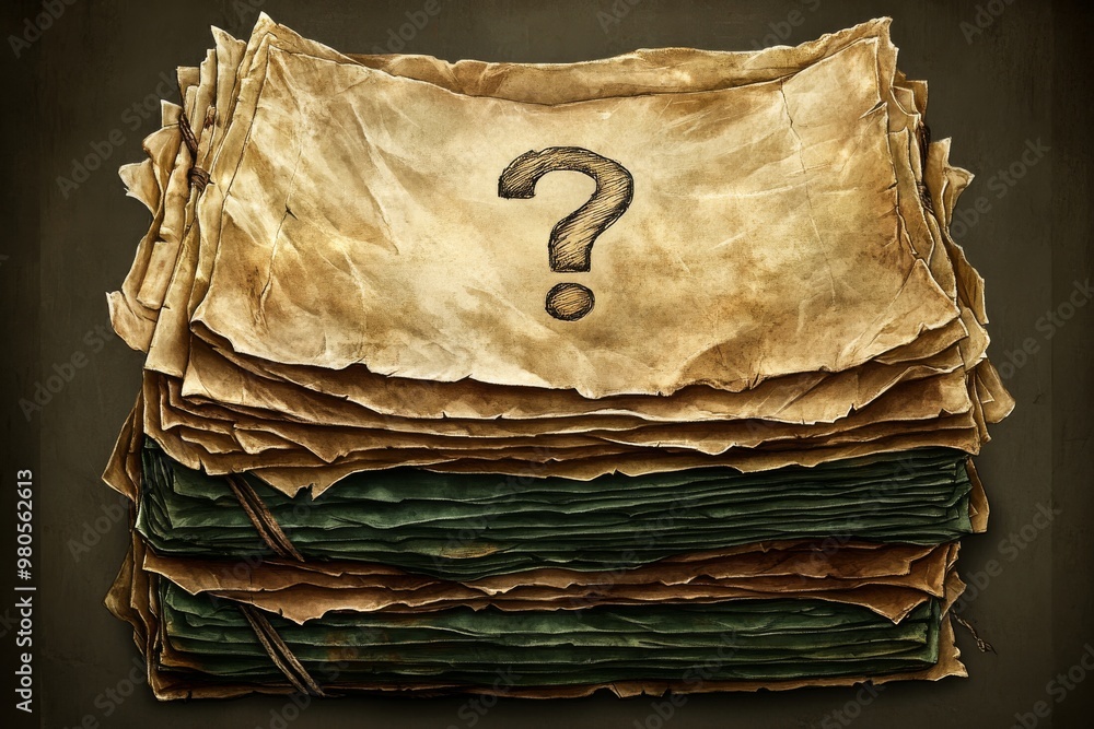 Poster stack of vintage papers with a central question mark symbolizing forgotten history unsolved mysterie