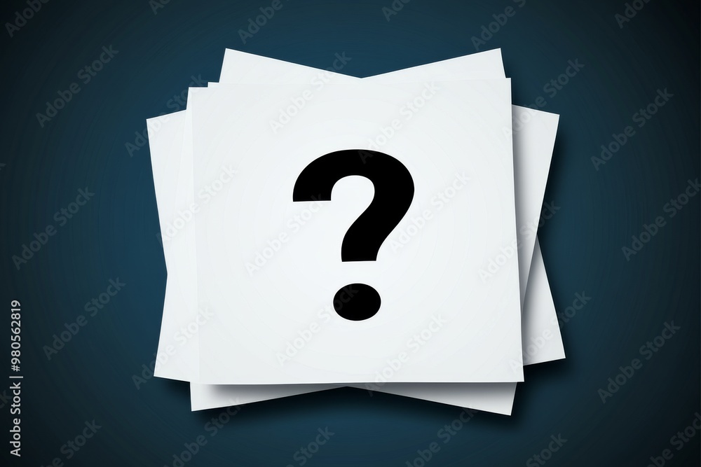 Poster stack of clean white square cards with a central question mark placed against a dark blue background