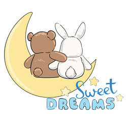 Cute teddy bear with cute bunny on the moon, vector illustration, Hand Drawn Cute kids fashion artworks, baby graphics prints for pajamas 