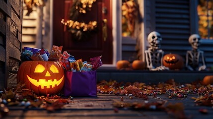 Obraz premium A festive Halloween scene with a glowing pumpkin and candy bags on a porch.