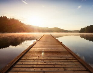 Naklejka premium Holzsteg in See bei Sonnenaufgan, Auszeit 