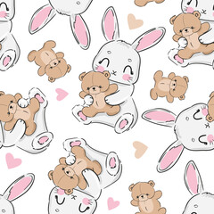 Seamless pattern with cute bunny and toy teddy bear vector illustration 