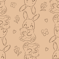 Seamless pattern with cute bunny and toy teddy bear vector illustration 