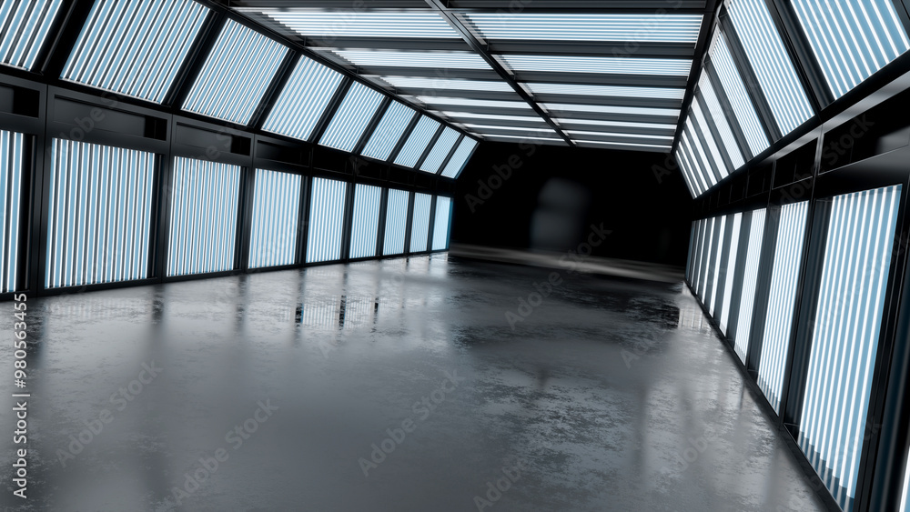 Aufkleber 3d rendering of glowing room concept with empty room background, futuristic light effect.