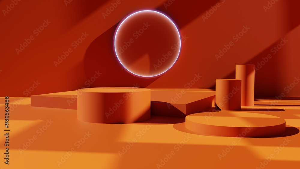 Poster 3d rendering of an orange podium or podium displayed on a bright background