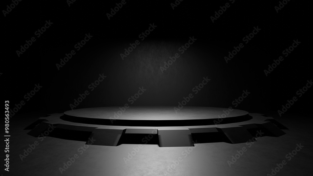 Poster 3d rendering of a black podium or podium displayed on a dark background