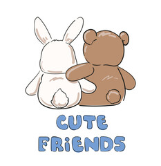 hand drawn cute bunny with teddy bear vector illustration kids print 