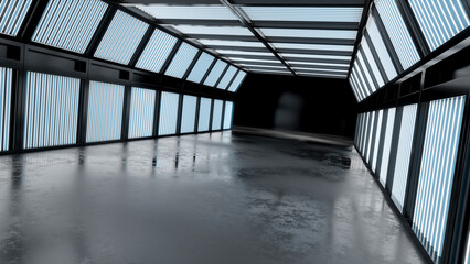 3D rendering of glowing room concept with empty room background, futuristic light effect.