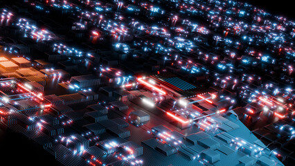 3D rendering of neon light pipe glowing in dark circuit board, abstract background