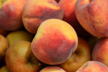 Detail of a pile of freshly picked peaches and Asian pears