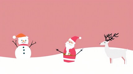 A minimalist background showcases Santa's elk and a snowman. The elk stands with grace, its antlers reaching upwards. The snowman is crafted with care, with a carrot nose and coal eyes