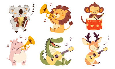 Set of flat vector in child style on white background. Cute hippo lion reindeer koala monkey playing musical instruments. Trumpet harmonica accordion bayan drums guitar. Vector illustration