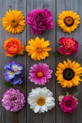 A top down view of a collection of vivid flowers like sunflowers, daisies, and roses, arranged symmetrically on a wooden table. 