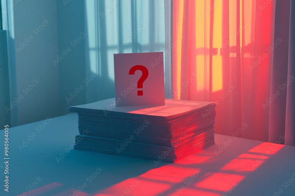 Poster stack of papers illuminated by red and blue lights with a bold question mark on top evoking urgency 
