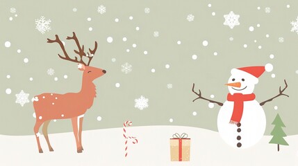 A minimalist background showcases Santa's elk and a snowman. The elk stands with grace, its antlers reaching upwards. The snowman is crafted with care, with a carrot nose and coal eyes