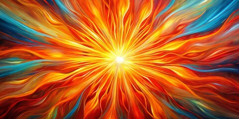 Obraz premium Vibrant orange-red rays spiral outward from a central blaze, evoking warmth and energy, with streaks of yellow, pink, and turquoise dancing across the canvas.