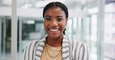 Business, happy and portrait with black woman in office for start of corporate or professional...