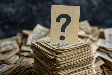 Large stack of yellowed papers with a small cardboard sign featuring a hand drawn question mark symbolizing research unanswered questions and academic discovery