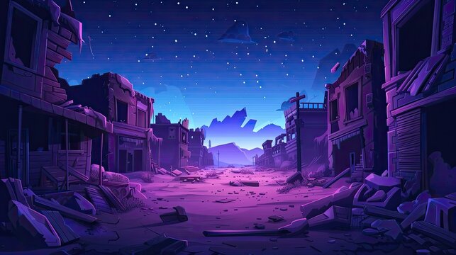 Game level background with platforms and destroyed buildings. Night vector cartoon landscape. fortnite video game style.
