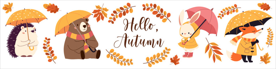 Set of flat vector illustrations in children's style. Cute animals in raincoats and with umbrellas. Hedgehog fox bear hare in the rain. Lettering hello fall, fall leaves. Vector illustration © Alena