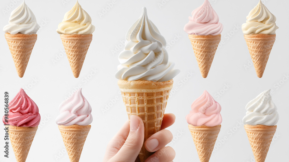 Poster delicious array of ice cream cones held by a hand against a plain background