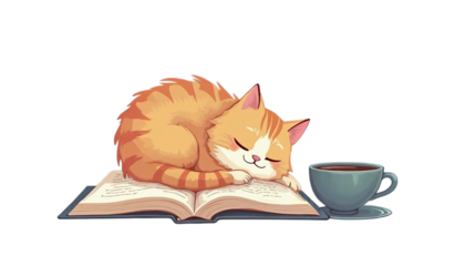 Drawing cat curled up next to an open book with a coffee mug beside it