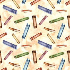 Books vintage, textbook. Seamless pattern stylized. Hand drawn watercolor illustration. Education, knowledge concept. Library, school supplies.Template for textile, bookstore, wrapping, scrapbooking.