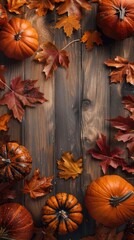 Autumn banner photo with yellow maple leaves and pumpkins on black vintage wooden table. Fall concept.
