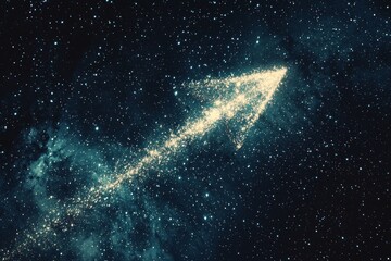 An arrow icon made of shimmering stardust, arching across a dark night sky, symbolizing cosmic guidance.