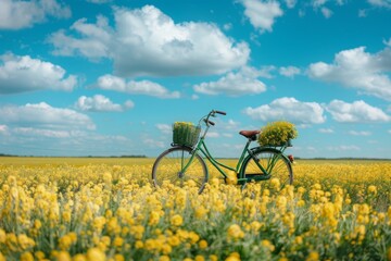 Fototapeta premium A charming bicycle stands in a vibrant field of yellow flowers. The blue sky and fluffy clouds enhance the scene. Perfect for nature lovers and outdoor enthusiasts. Generative AI