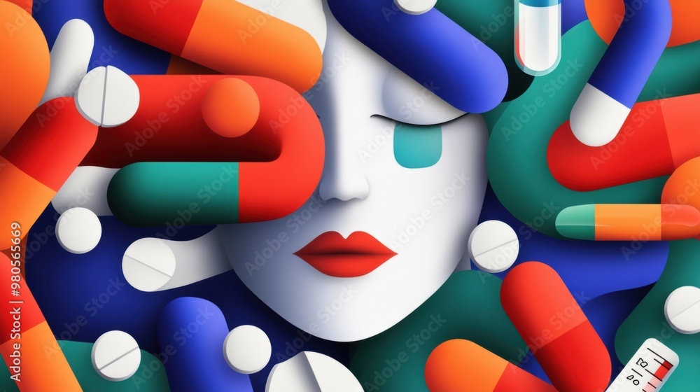 Poster A woman's face surrounded by pills and other medical supplies, AI