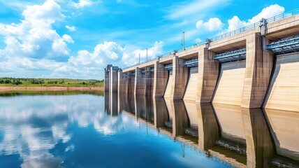 A hydroelectric dam with a vast reservoir reflecting the sky