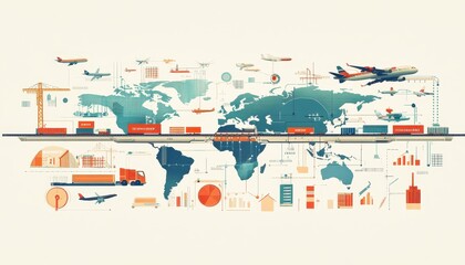 Obraz premium Abstract illustration of global logistics and transportation network. World map with icons of planes, ships, trucks, and trains.