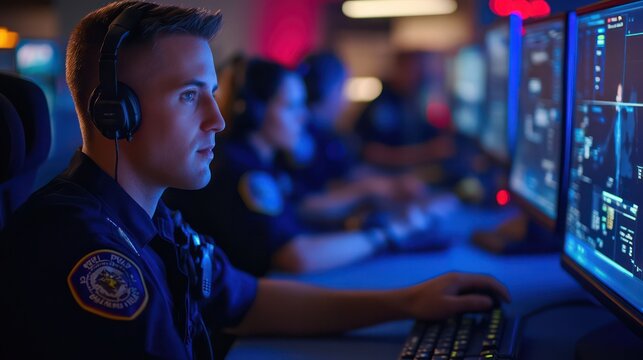 Inside a 911 dispatch center, with operators using advanced technology to coordinate first responders, police, and medical teams.