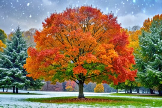 A tree's foliage transitions seamlessly from lush summer greens to fiery autumn hues, eventually surrendering to snowflakes gently falling in winter's silence.