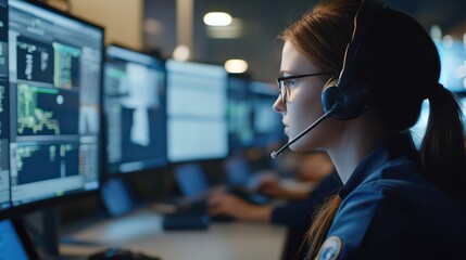 Inside a 911 dispatch center, with operators using advanced technology to coordinate first responders, police, and medical teams.