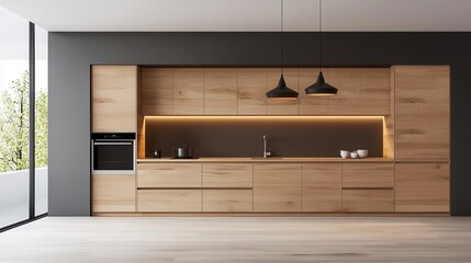 Minimalist kitchen with flat-panel light wood cabinets, seamless countertops, and clean lighting, modern wood cabinetry, minimalist kitchen design