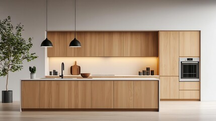 Minimalist kitchen with flat-panel light wood cabinets, seamless countertops, and clean lighting, modern wood cabinetry, minimalist kitchen design