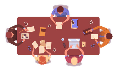 Top view teams working. Collaboration and Focus during a Team Meeting Setting to Enhance Engagement and Productivity