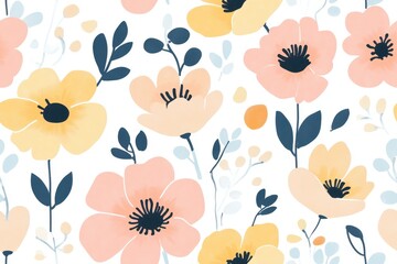 A colorful floral pattern featuring various flowers and leaves.