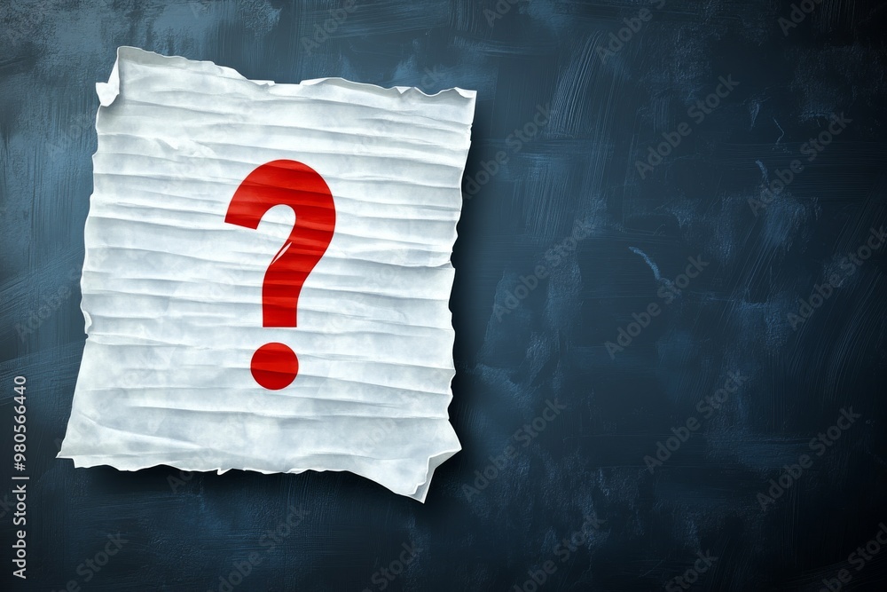Poster torn piece of white paper with a large red question mark lying on a dark textured surface symbolizin