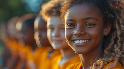 Close-up Shot of Young Girl with radiant smile, standing among her Teammates during an outdoor activity