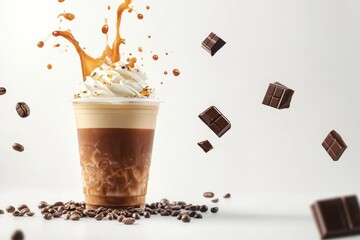 Iced caramel latte topped with whipped cream and caramel. Chocolate mocha coffee plastic cup with chocolate splash, Floating chocolate pieces and coffee beans white background. Cold brewed coffee, ai
