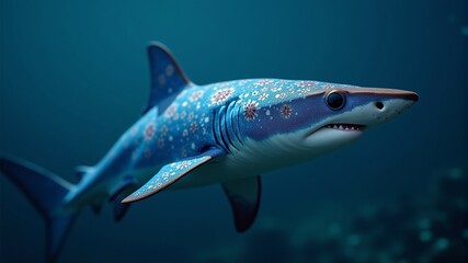Fototapeta premium a shark with flowers on its head is swimming in the water.
