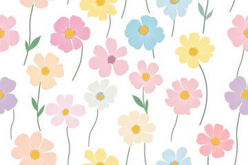 Naklejka premium A colorful floral pattern featuring various flowers in soft pastel shades on a white background.