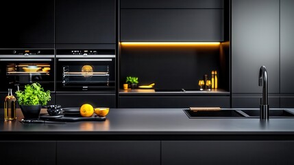 High-tech minimalist kitchen with dark wood cabinets, sleek surfaces, and integrated smart appliances, modern design, minimalist kitchen interior