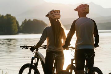 Obraz premium A couple enjoying an outdoor cycling adventure during sunset, highlighting fitness, freedom, and the scenic beauty of nature on a biking trail.