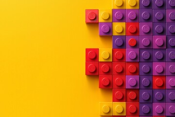 Fototapeta premium Colorful toy blocks neatly stacked in a gradient from red to purple on a bright yellow background. --